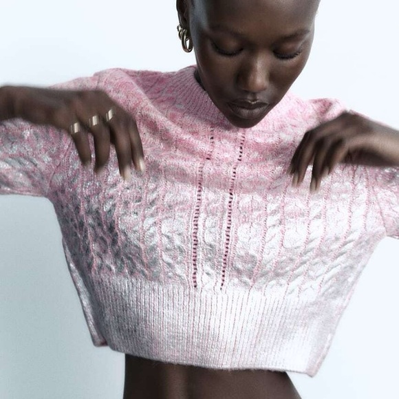 Zara Sweaters - Zara Pink Metallic  Short-Sleeve Cable Knit Sweater
